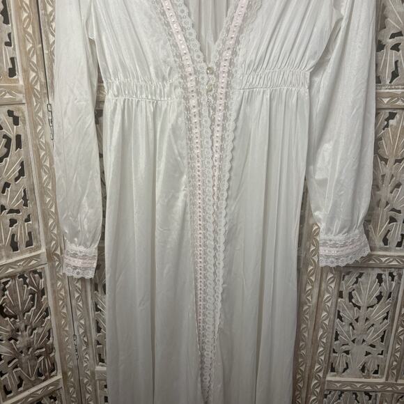 Vintage Dreamaway White Peignoir Movie Star Robe 2 Button Pink Lace Trim Nylon L - Picture 3 of 12